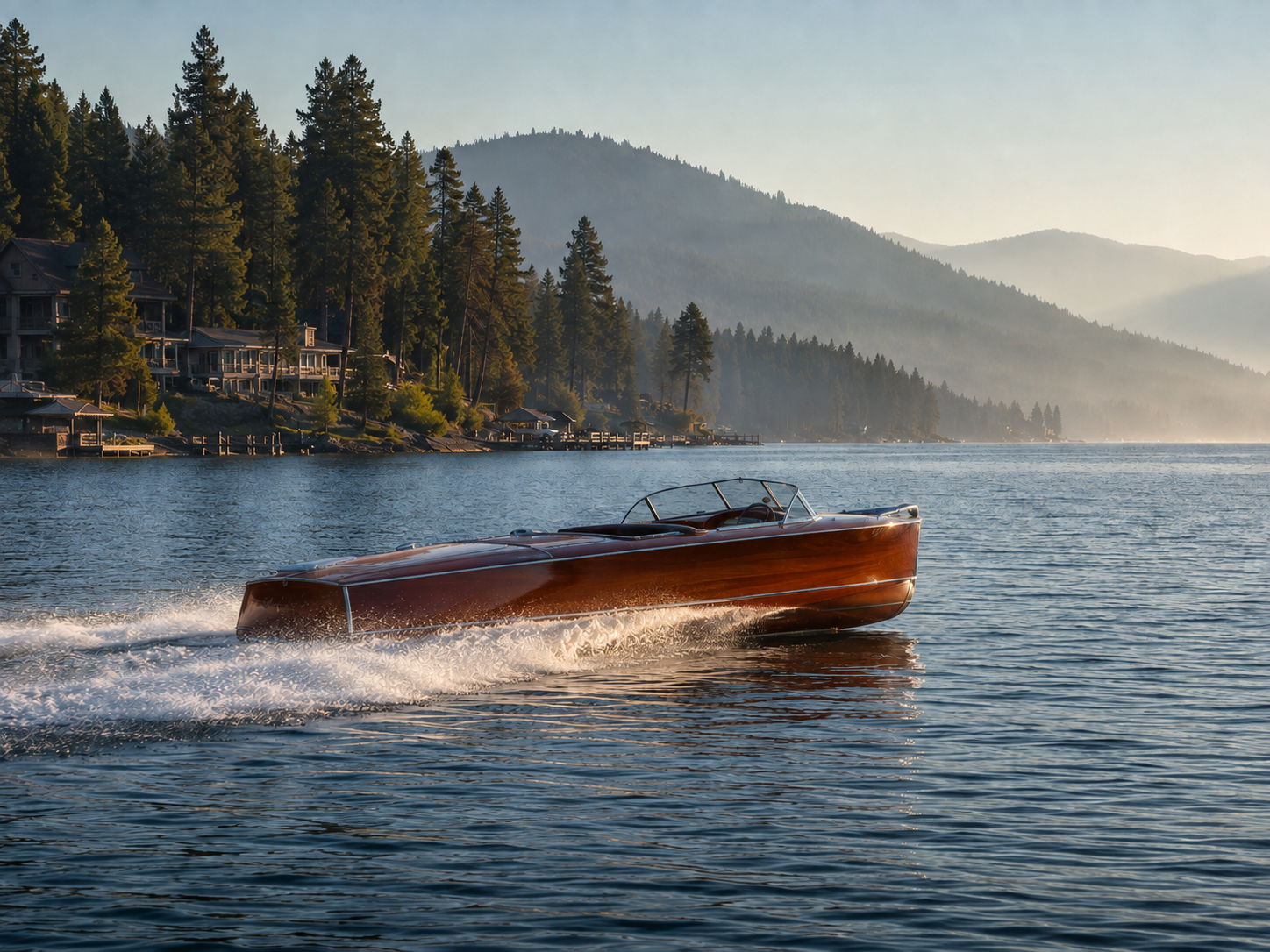 Wooden runabout on Lake Coeur d'Alene